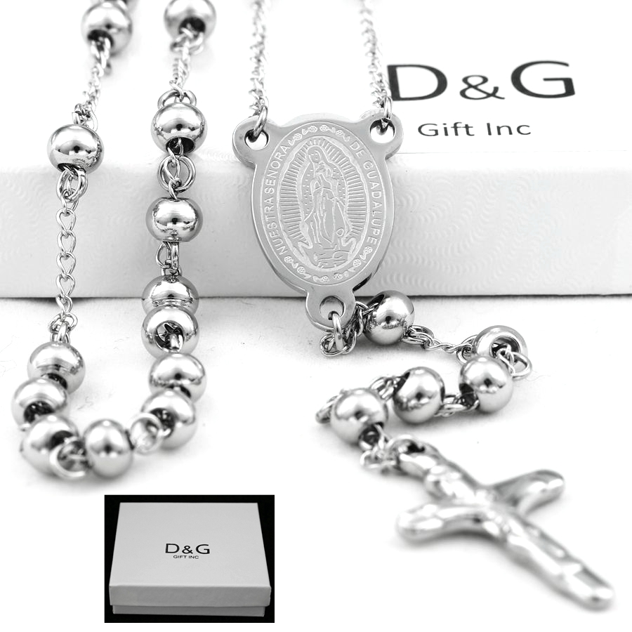 DG 25″ Stainless-Steel Silver Beaded Rosary VIRGIN MARY,JESUS CROSS Necklace.BOX