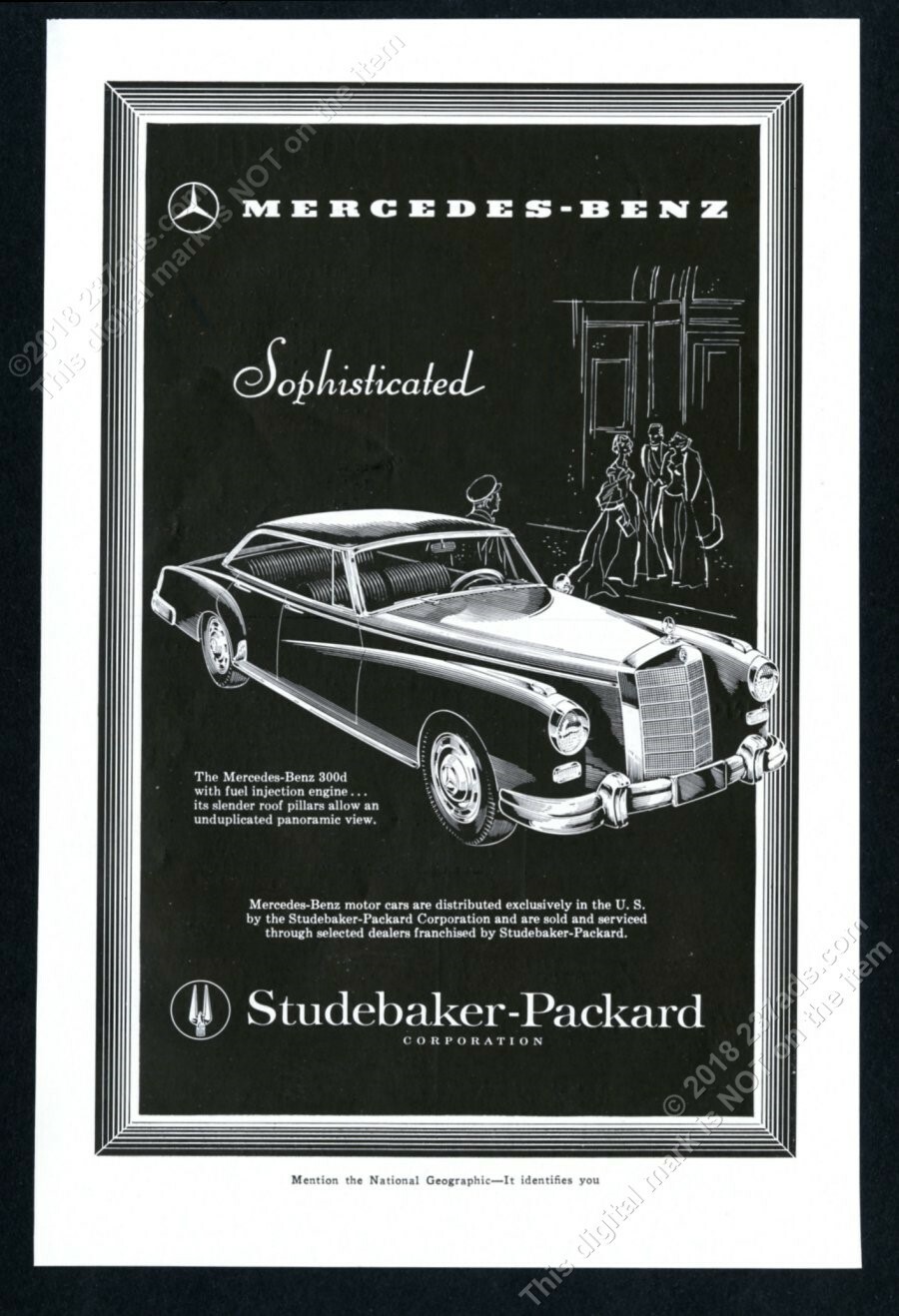 1958 Mercedes Benz 300 d 300d sedan elegant woodcut art vintage print ad 1