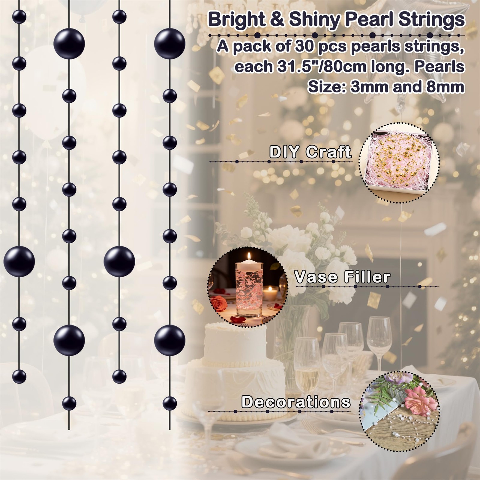 30 PCS Artificial Pearl String Black Vase Filler Floating Pearls for Vases Ce…