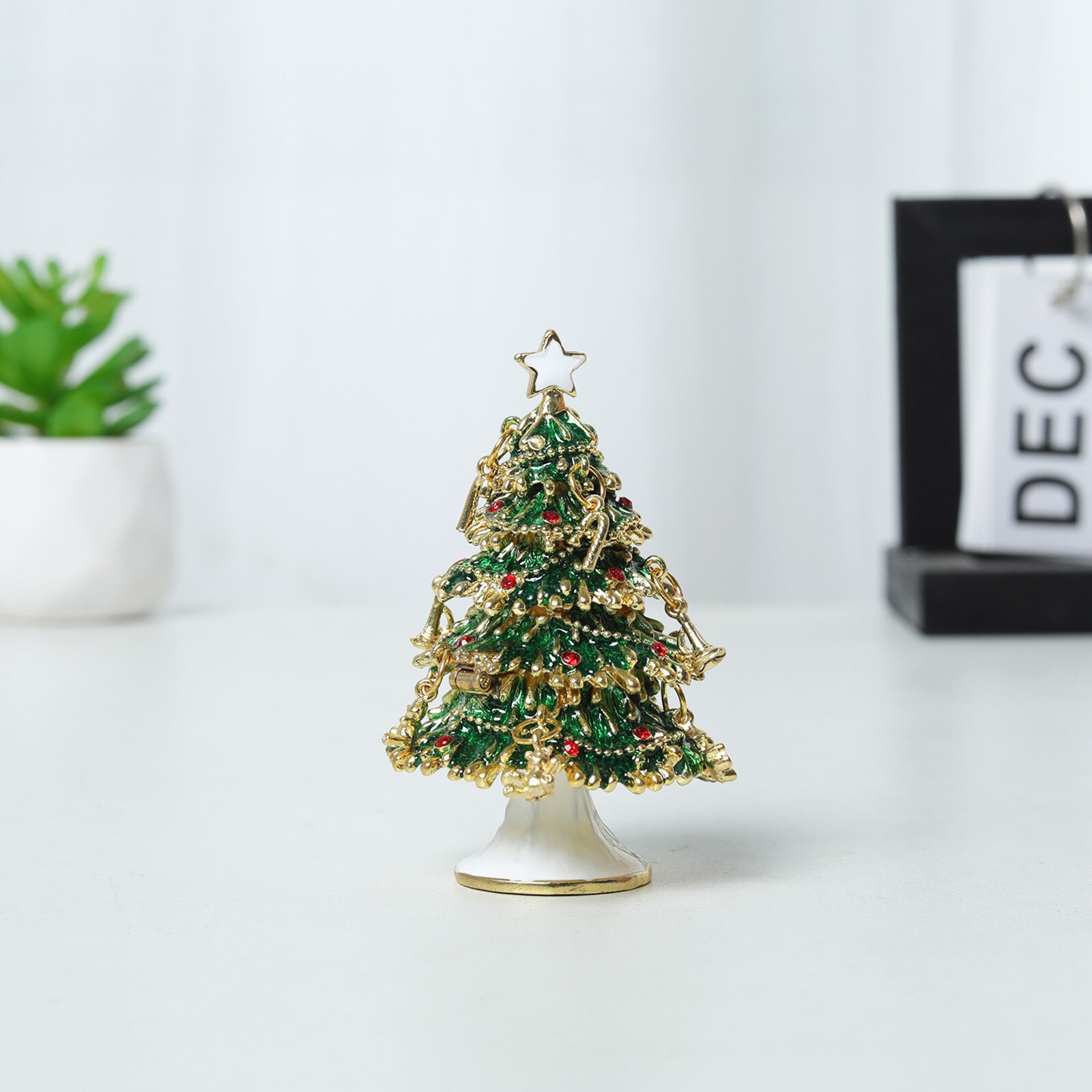 Christmas Tree Trinket Box Hinged Rhinestone Jeweled Color Enamel Ring Box