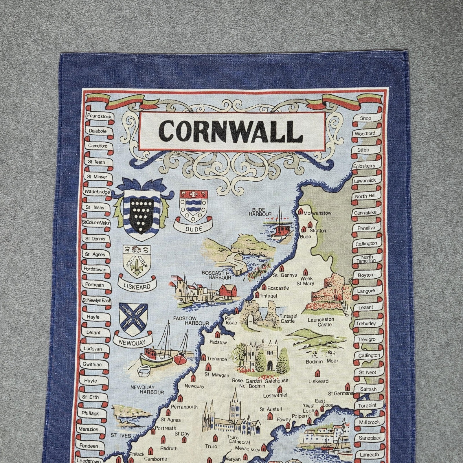Vintage Cornwall England Map Tea Towel Vista All Cotton Made In Britain Souvenir