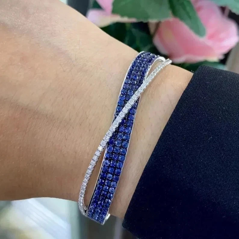 Sapphire & Diamond Crossover Bangle Bracelet 14K White Gold Over 7.75″ Women’s