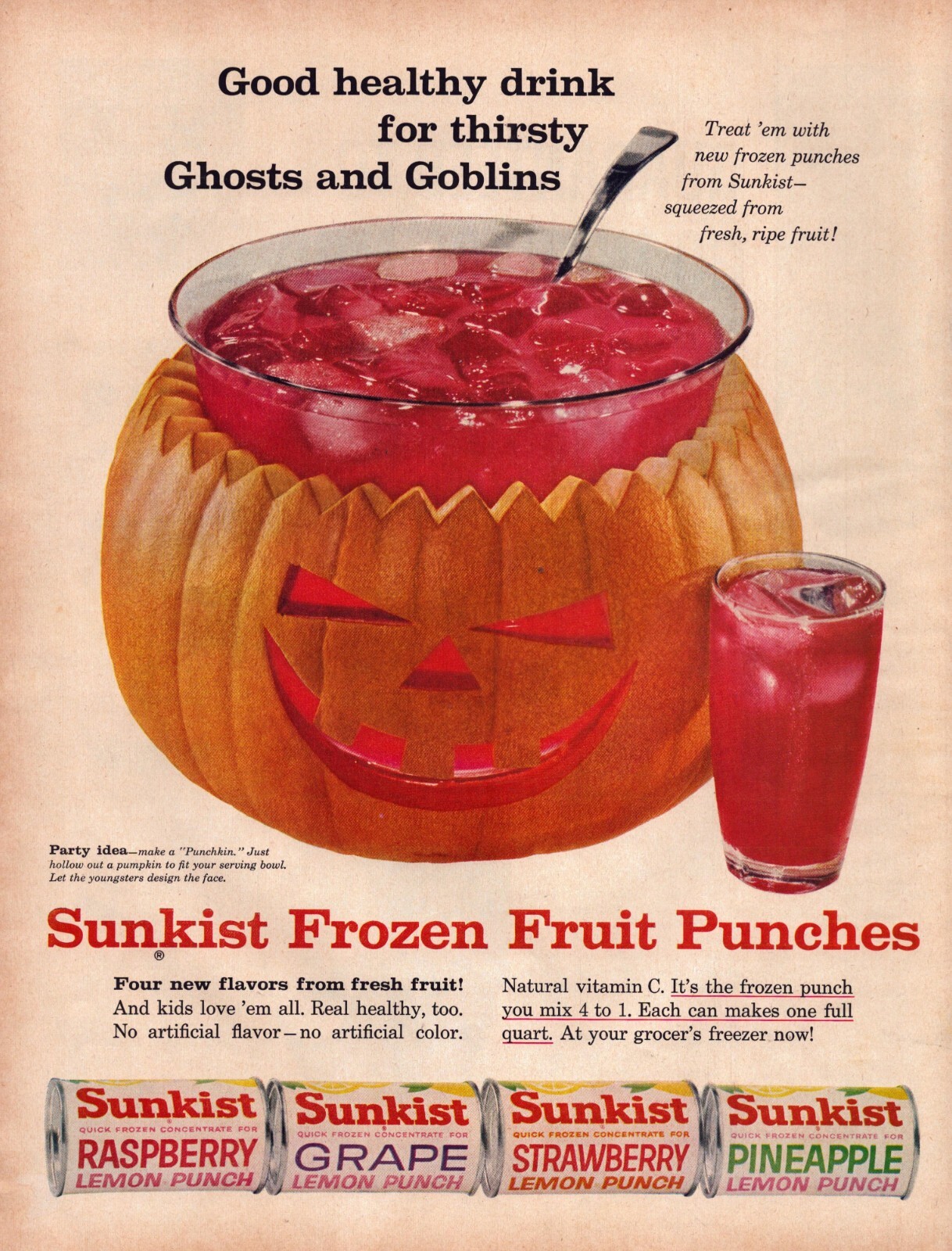 1960 Sunkist Halloween Fruit Punch Print Ad Jack O’Lantern Bowl Ghosts Goblins