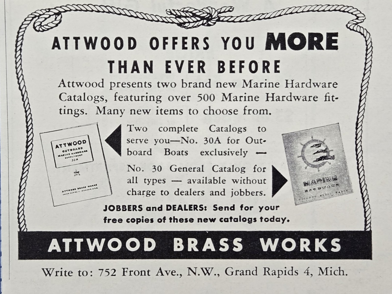 Attwood Brass Works Grand Rapids MI Marine Hardware Vintage Print Ad 1950