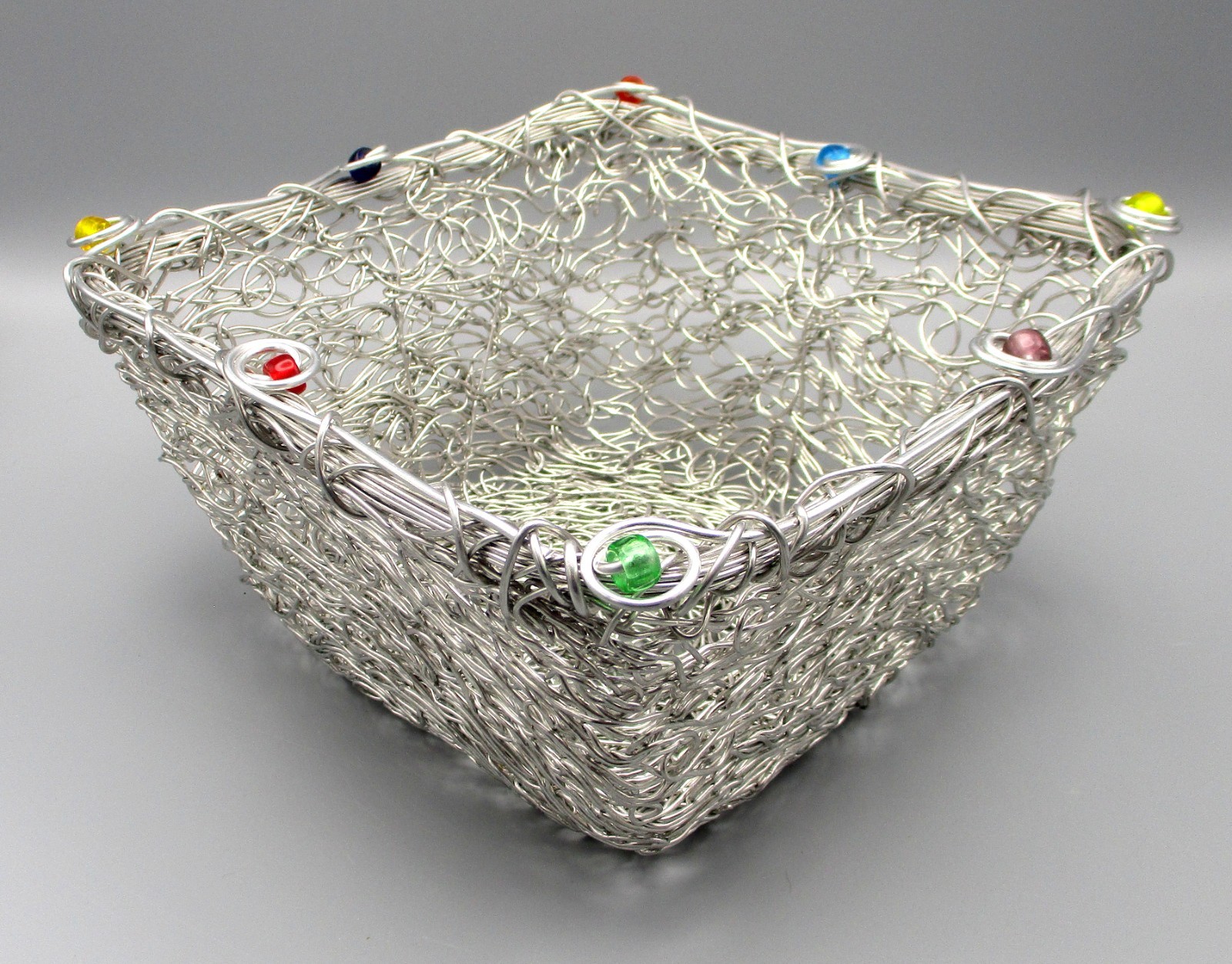 Decorative 8″ Square x 4″ High Wire Basket with Colored Beads