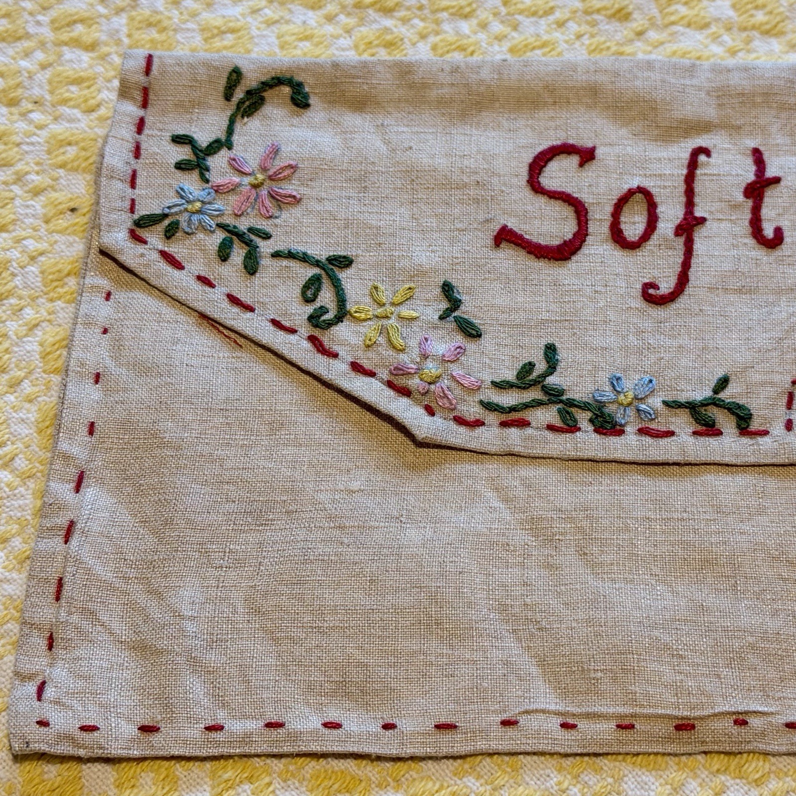 Vtg Antique Linen Soft Collar Envelope Hand Sewn Embroidered Snaps Fabric Pouch