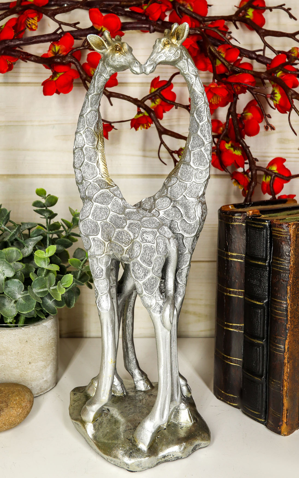 Large Silver Giraffe Heart Lovers Couple Statue 12.5″H Safari Savannah Giraffes