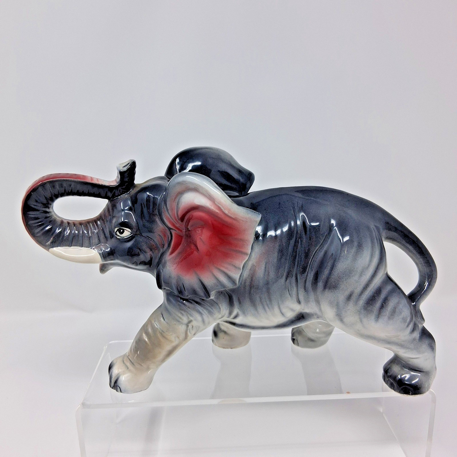 Elephant Figurine Vintage Japan Ceramic Gray Pink High Gloss Trunk Up 10 Inch