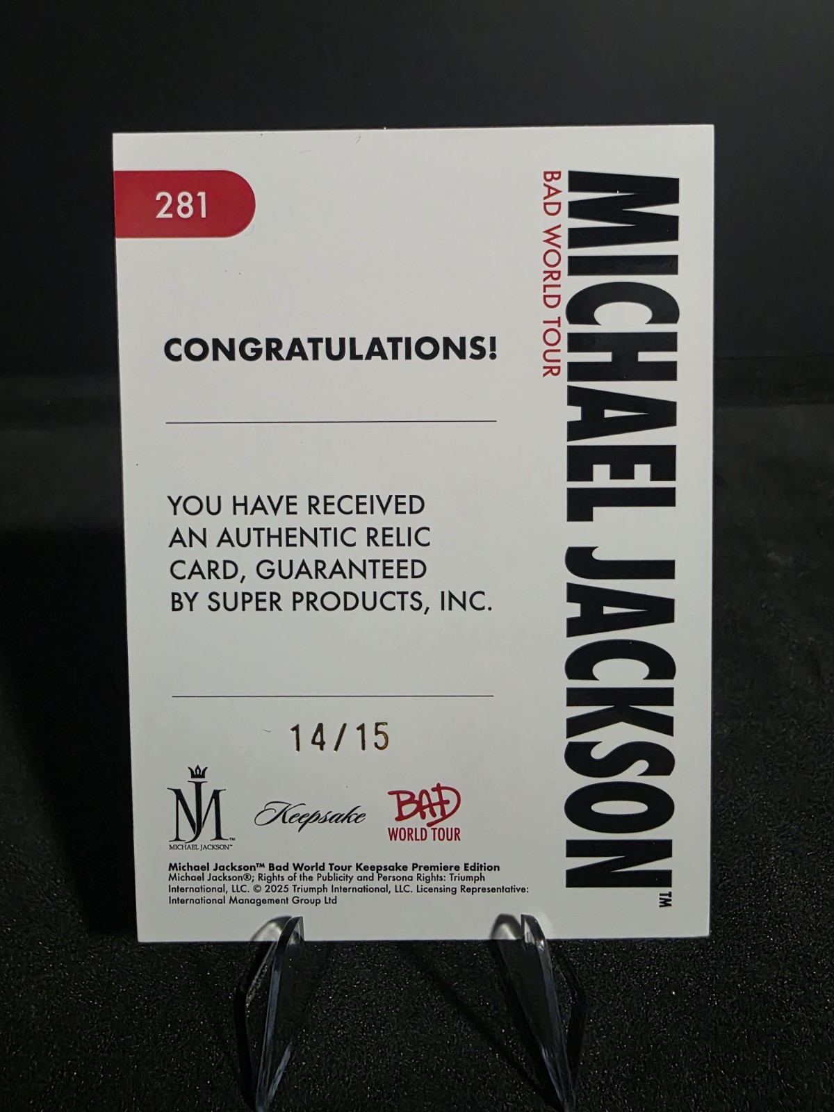 Michael Jackson Keepsake BAD World Tour #281 Platinum VIP Ticket Stub Relic /15