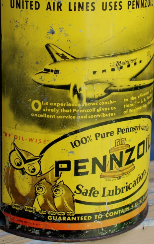OWL & AIRPLANE GRAPHIC ~1940s era PENNZOIL MOTOR OIL Old 5 quart Metal Can