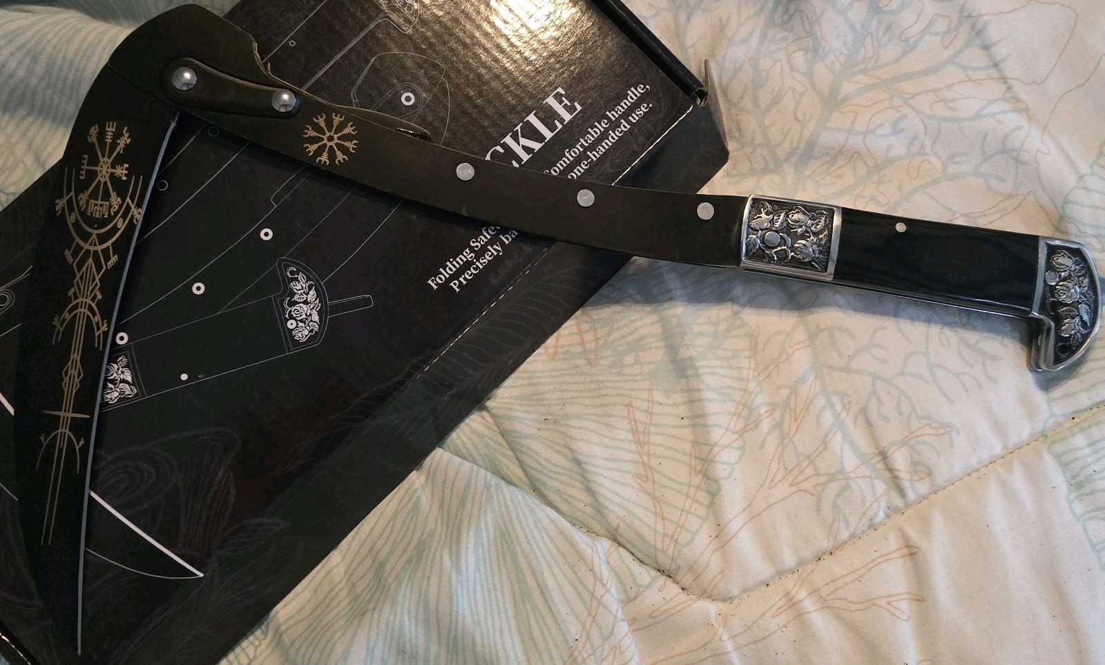 Valhalla Folding Sickle- Laser Engraved Black Blade- Wooden Handle W/sheath