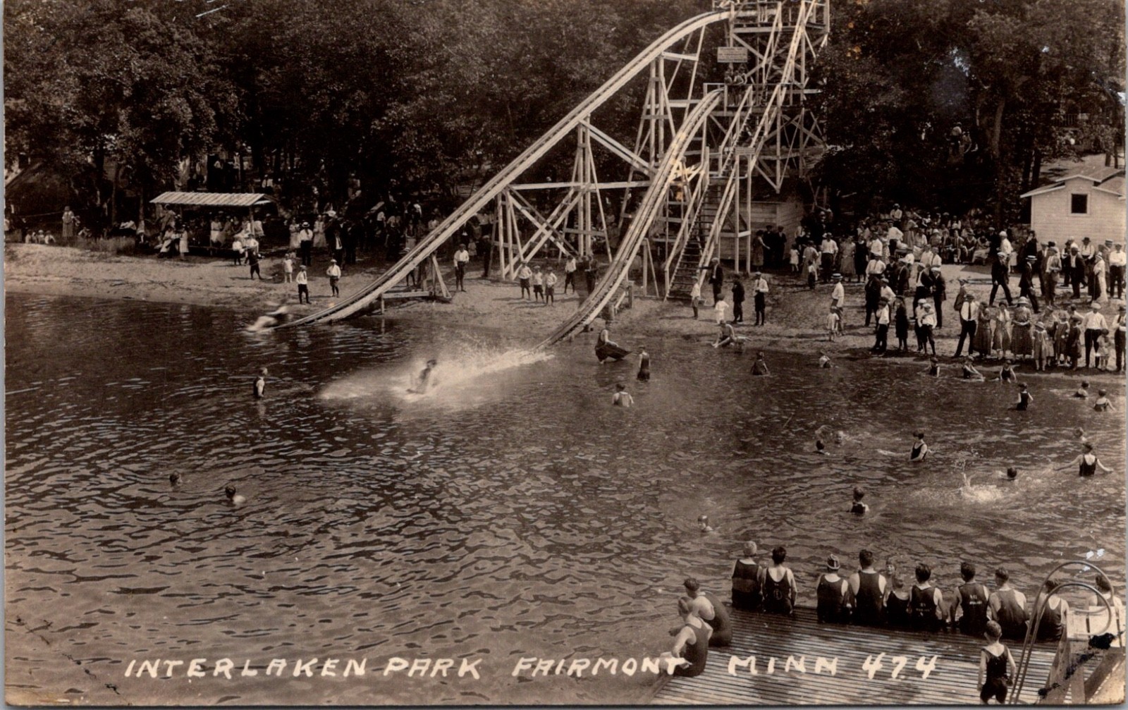 RPPC Real Photo Postcard Fairmont Minnesota Interlaken Amusement Park Slide #474