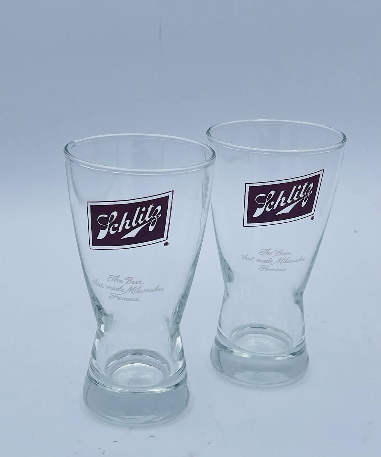 2 Vtg Schlitz Pilsner Sham Beer 10oz Glasses 6″ Set Brew Man Cave Collector NOS