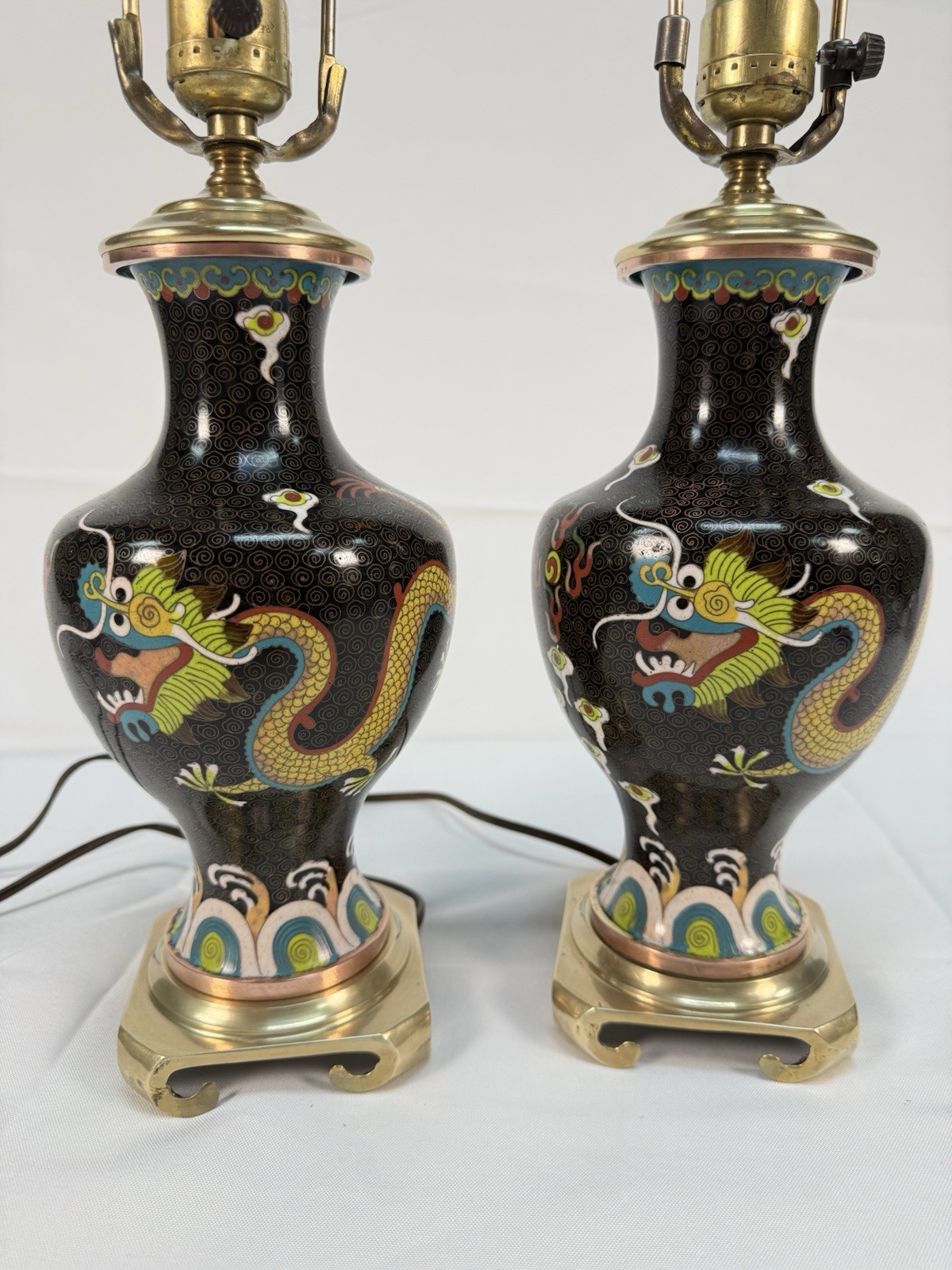 Pair VTG Chinese Cloisonné Dragon Lamps Black Enamel Imperial 5 Claw Brass 20″
