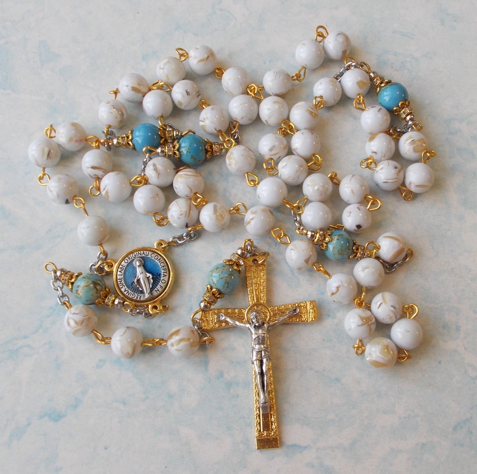 UNIQUE 2 tone White/Blue Turquoise with gold flecks Catholic ROSARY~Italy
