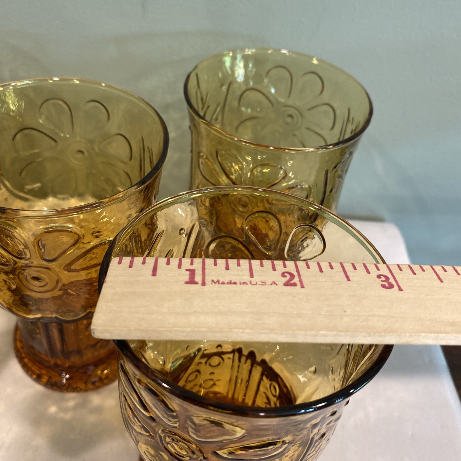 Vintage Libbey Daisy Pattern 5” Amber Drinking Glass ‘Country Garden’ Set of 5