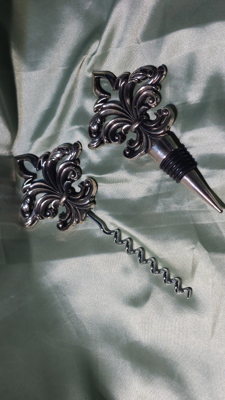 Decorative Fleur-de-lis Metal Corkscrew and Bottle Stopper Set Metal Fancy