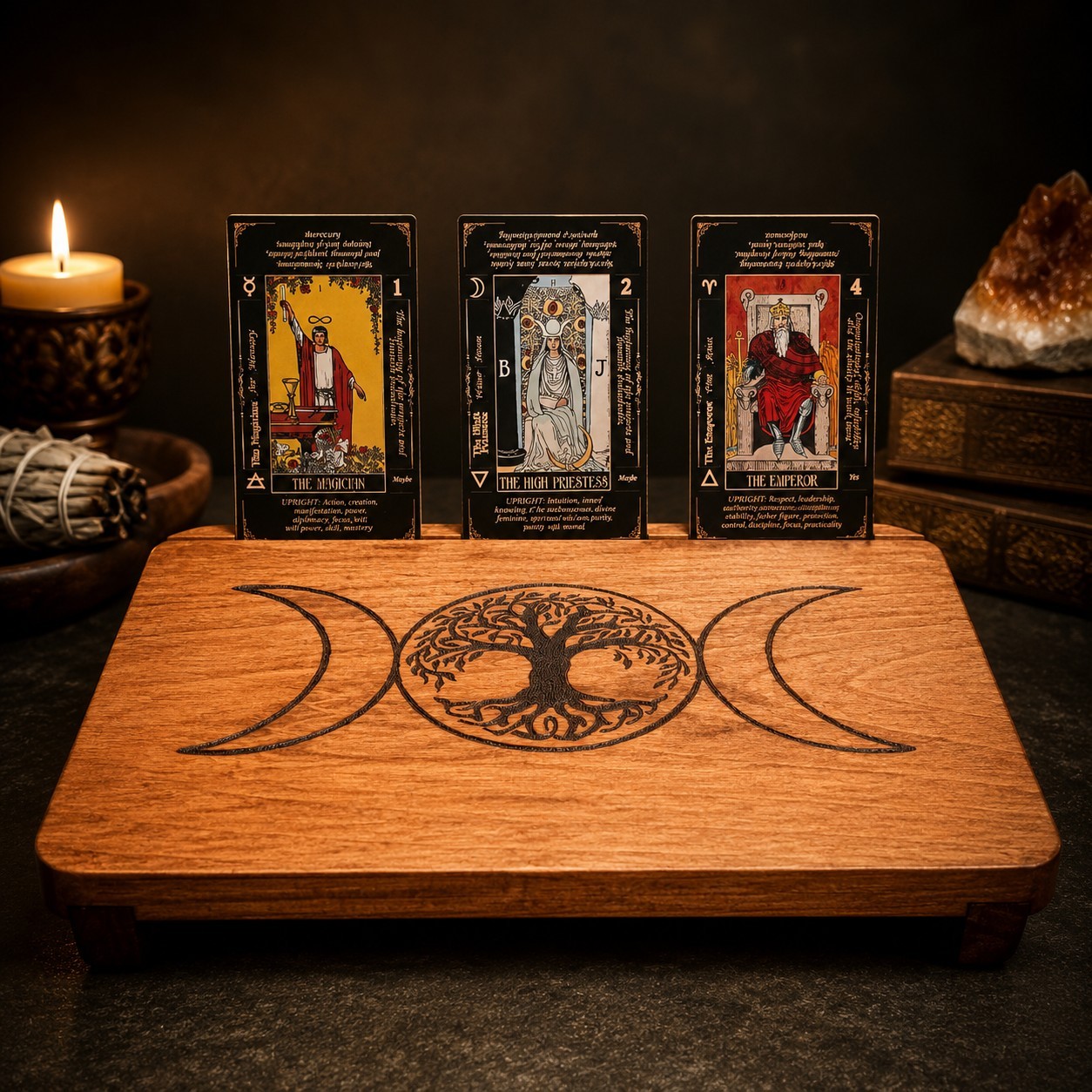 Wooden Wicca & Pagan Altar Board 12 x 8 Triple Moon Tree of Life Design
