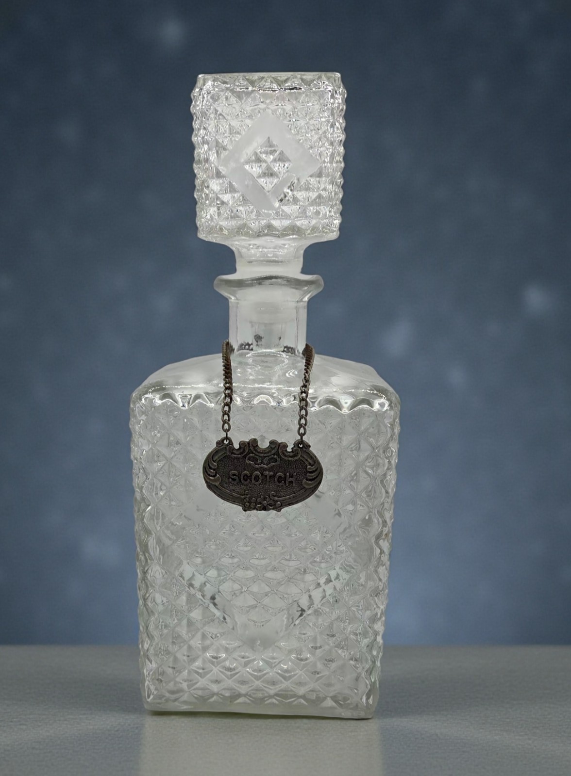 Vintage Diamond Pressed Glass Bourbon Bar Decanter Scotch Metal Sign 9.5″x 4″