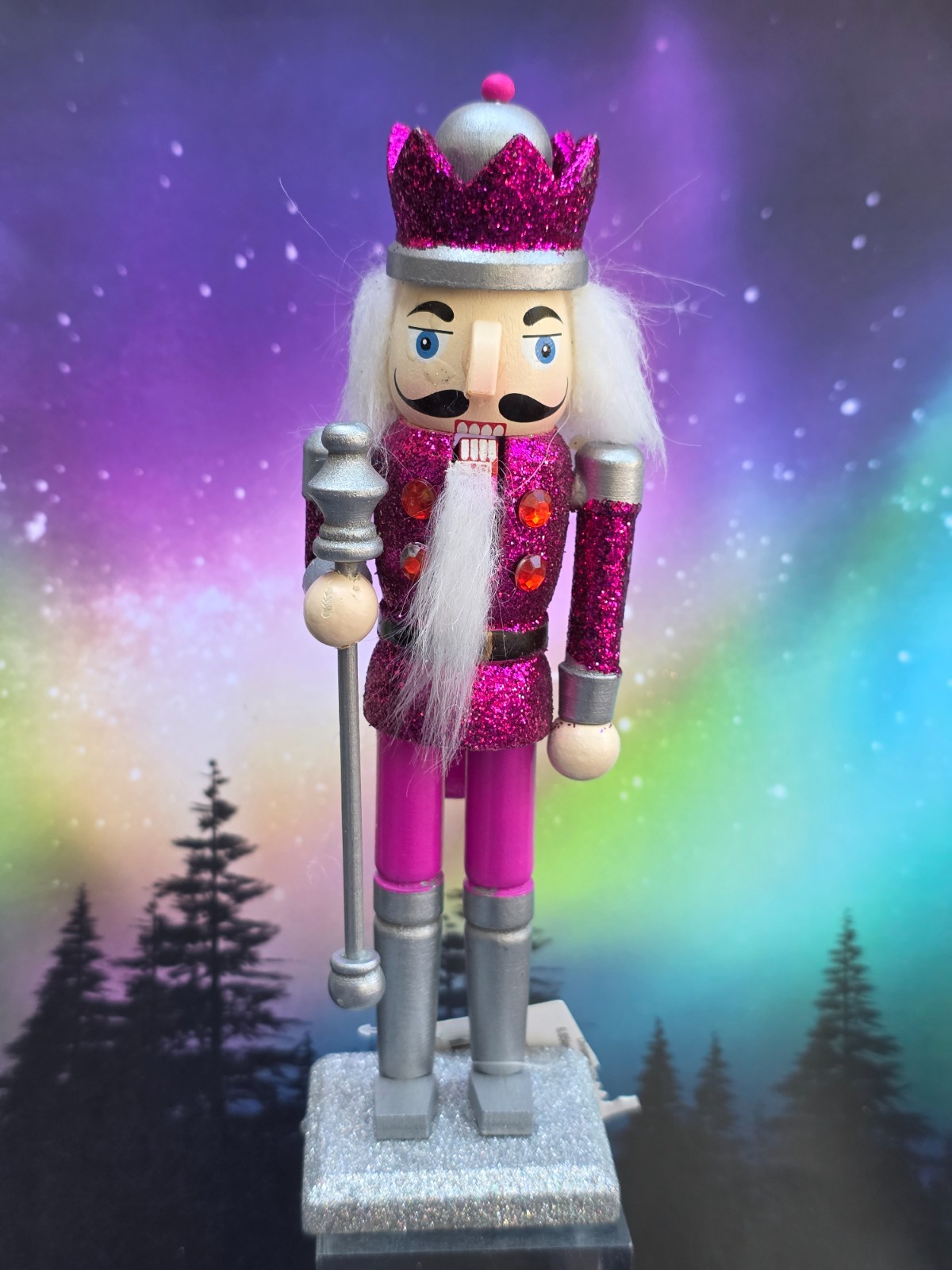 New Glittered 6.85″ Wood Nutcracker Figure Christmas Magenta Pink Figurine