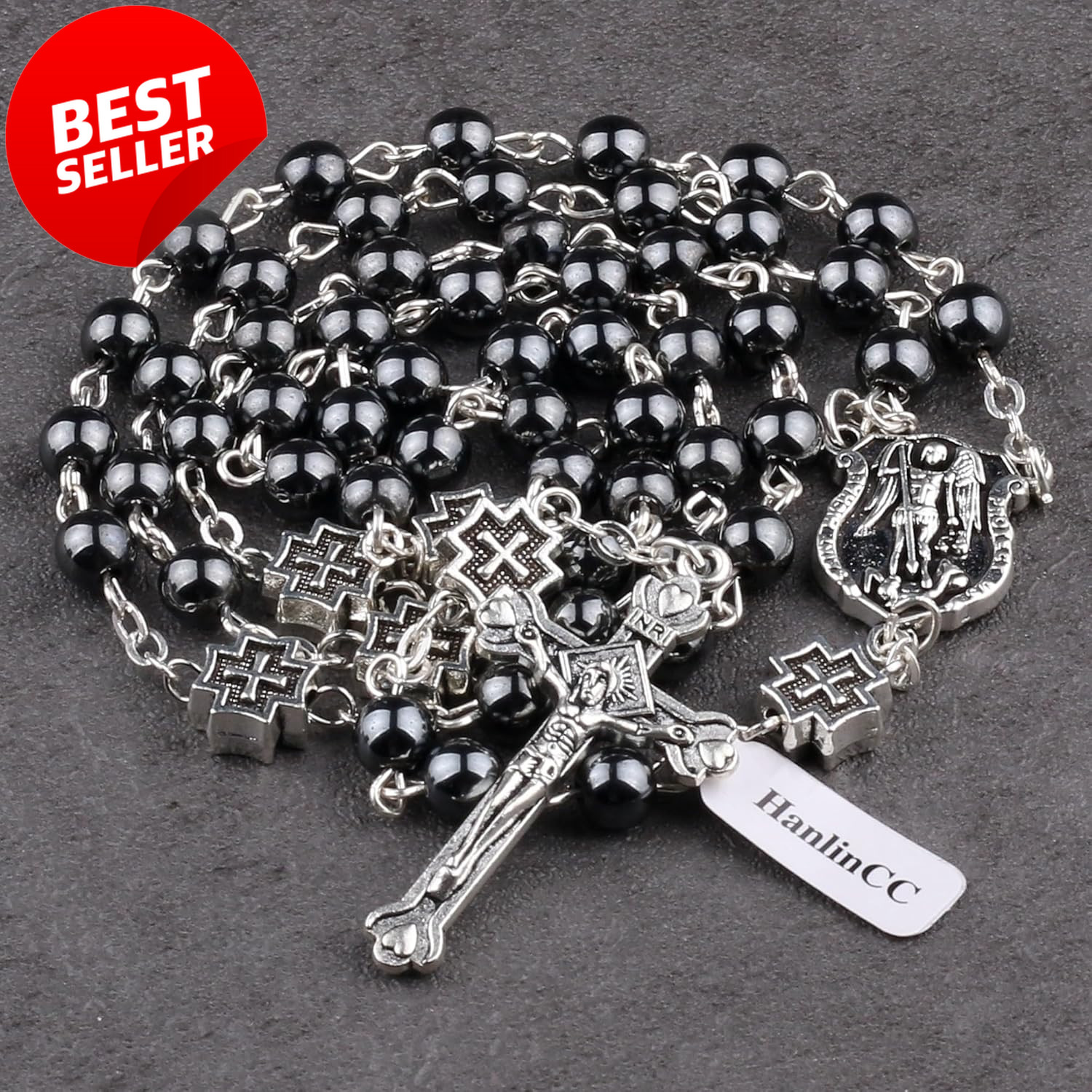 St. Michael Catholic Rosary Hematite Beads with Metal Cross in Gift Box – US