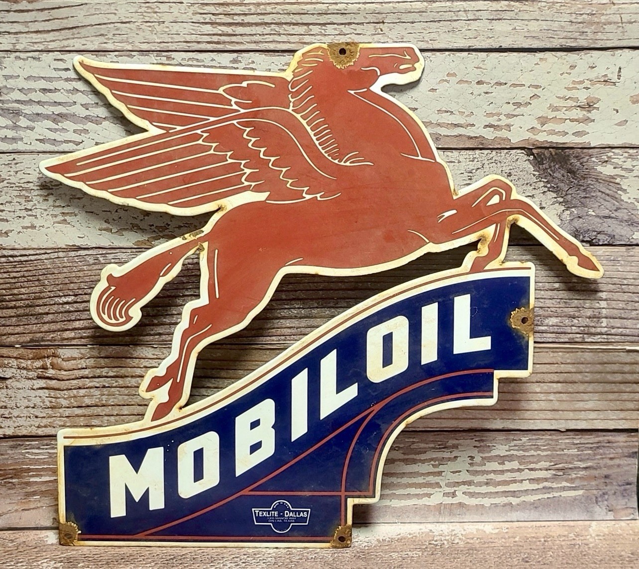Large Vintage MobilOil Mobil Pegasus Porcelain Metal Oil Gas Sign Texlite Dallas