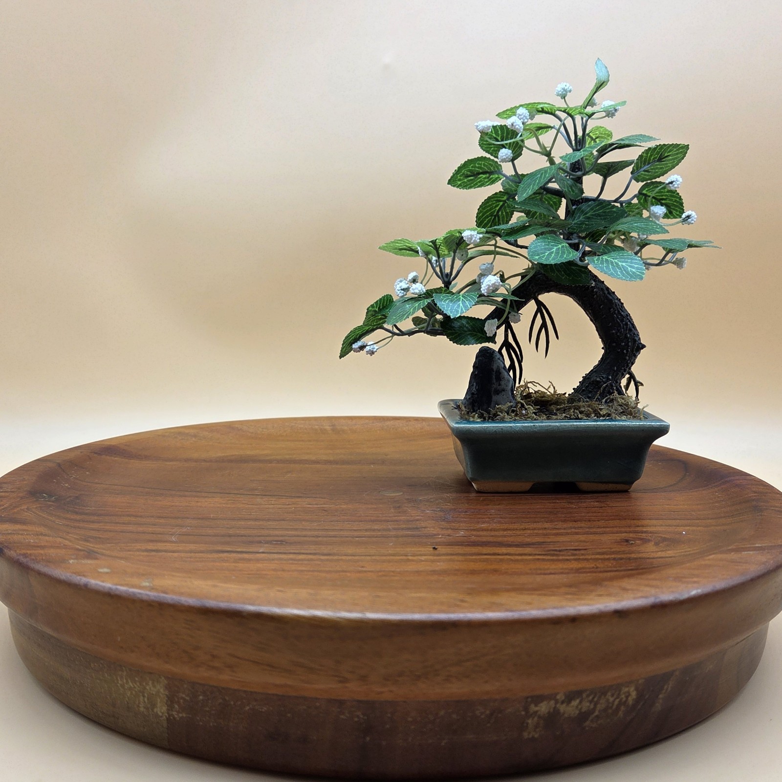 Vtg Artificial Flowering Tree Miniature Bonsai In Green Pot With Rock Decoration