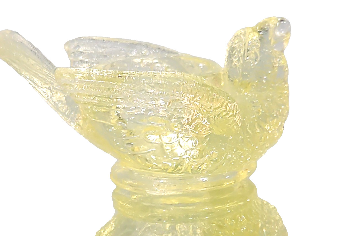 Degenhart Vaseline Yellow Vintage Glass “Bird with Berry” Open Salt Cellar 3″