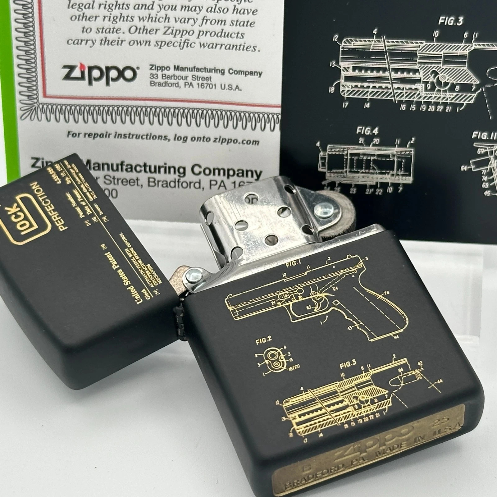 Glock Custom Zippo Lighter | Matte Black Zippo + Engraved Card | Made In USA