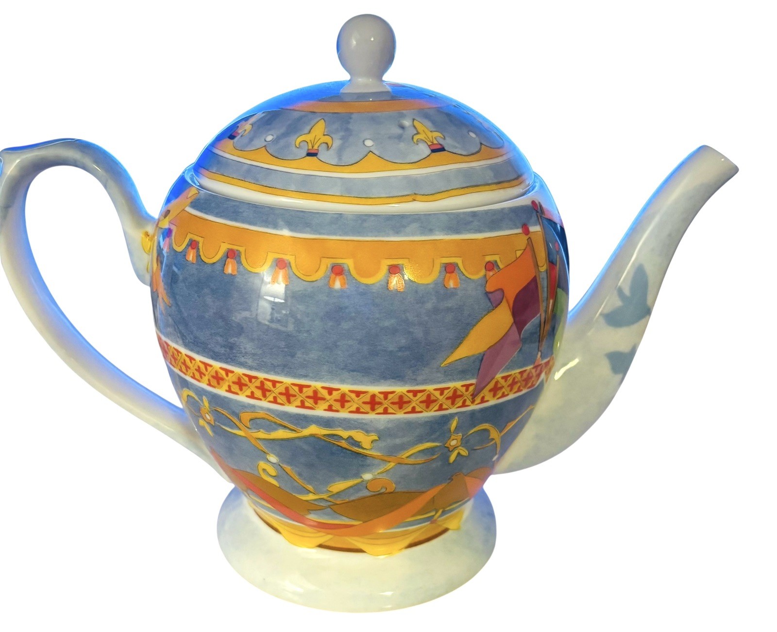 WILLIAMS-SONOMA MONTGOLFIERE TEAPOT, LARGE 44 OZ, FLEUR DE LIS & FLAGS, JAPAN