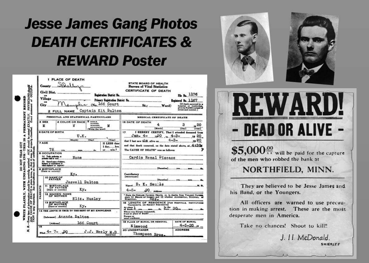 Jesse James Gang PHOTOS +10 DEATH CERTIFICATES WILD WEST OUTLAWS Younger