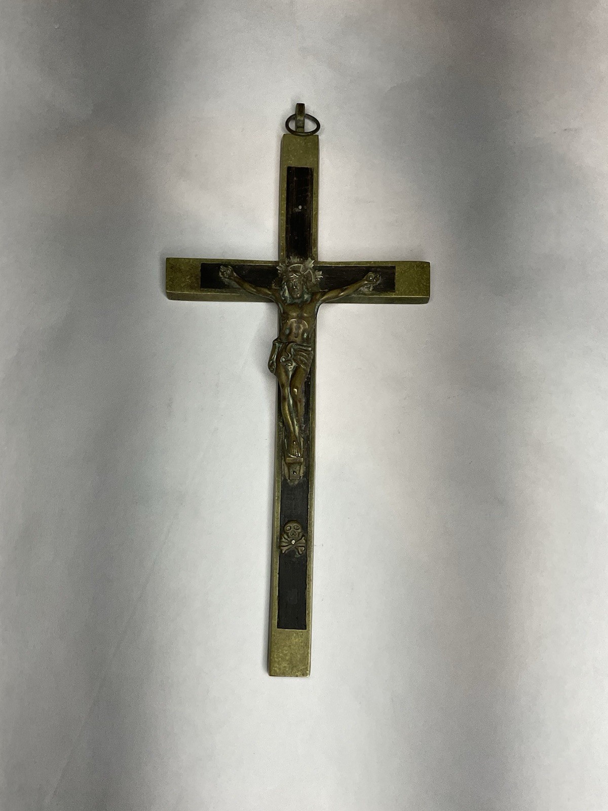 Antique German Catholic Pectoral Crucifix Jesus Cross Inlaid Wood Skull Brass