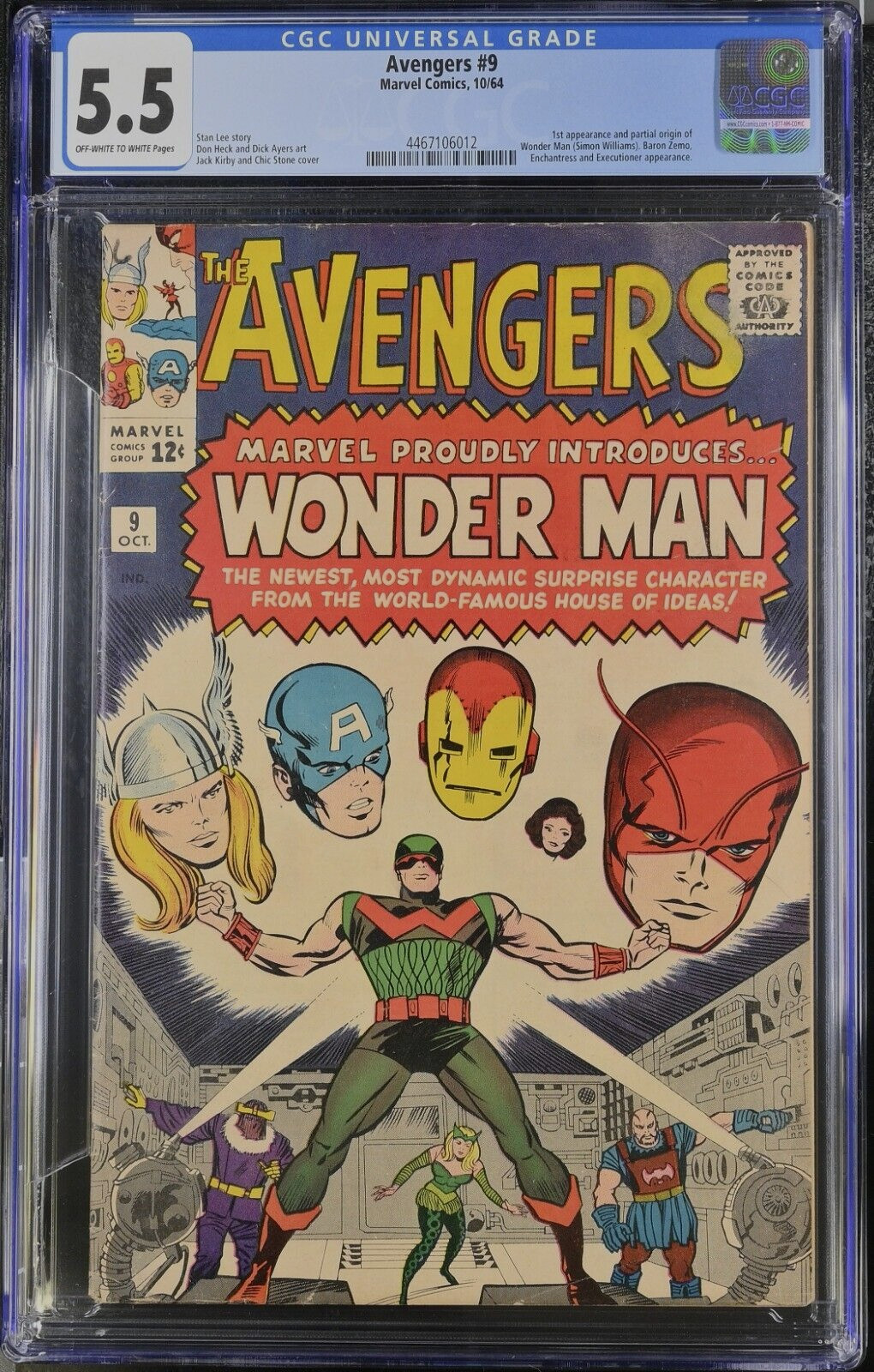 CGC 5.5 FINE- 1964 AVENGERS #9! KEY Ist APP OF WONDER MAN! O/W-White Pages!