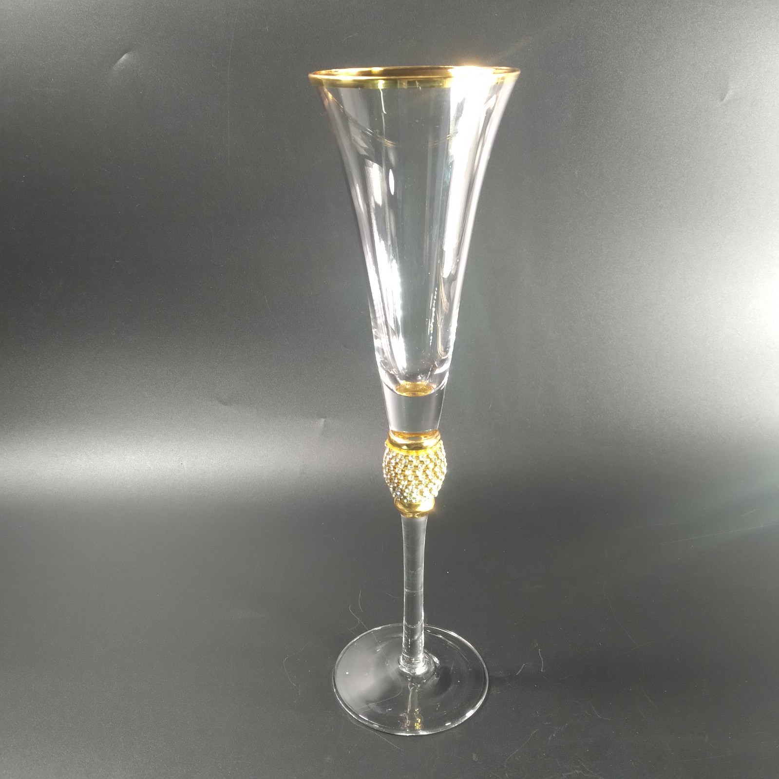 Clear Champagne Goblet with Heavy Gold Tone Trim & Rhinestone Ball Stem 11″ Tall
