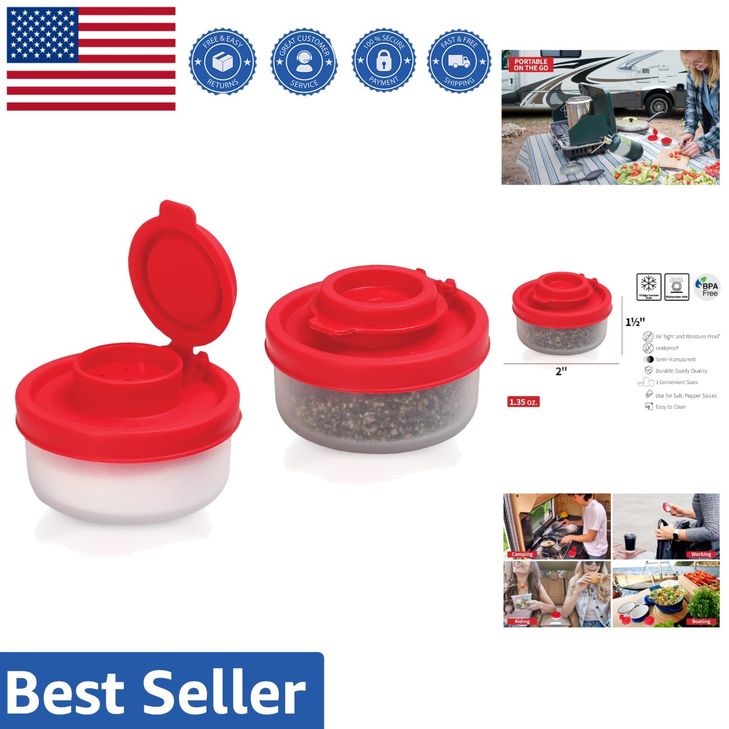 Set of 2 Lightweight Salt and Pepper Shakers – Perfect for Outdoor Adventures