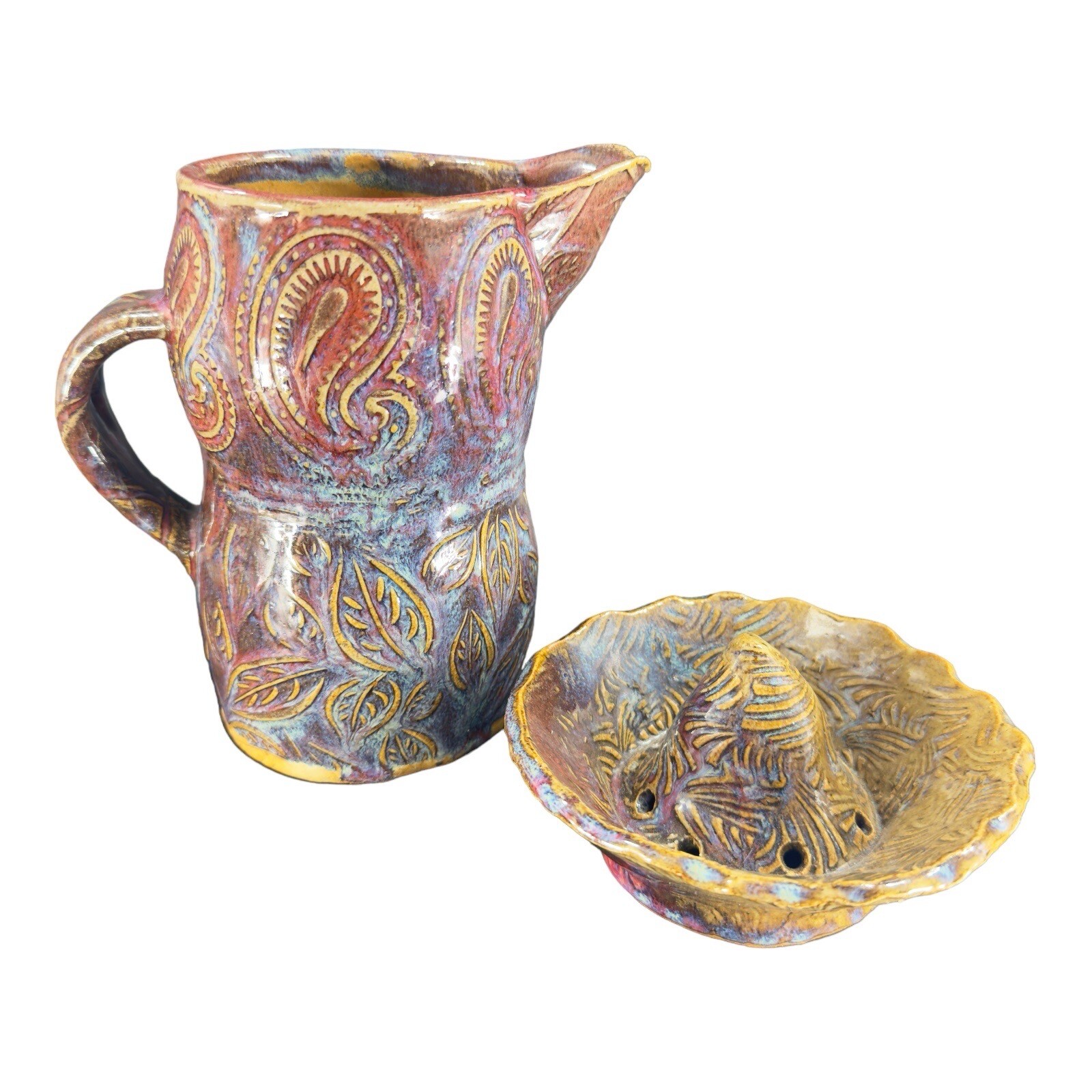 Hand Made Primitive Studio Art Pottery Pitcher With Juice Rimmer Stackable VTG
