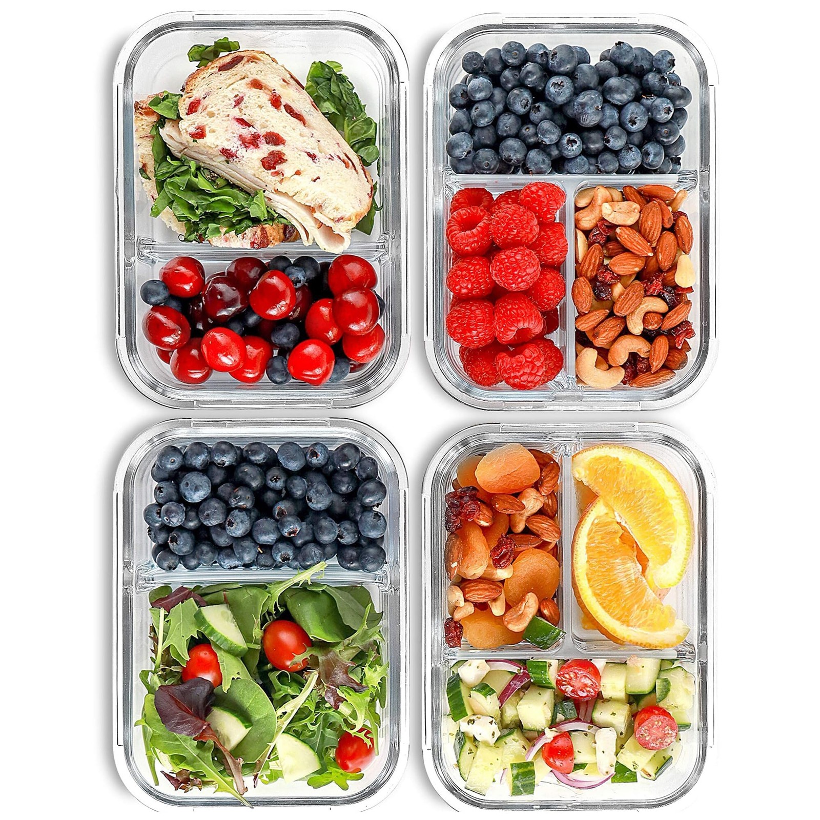 FIT Strong & Healthy Glass Meal 32 Oz, Blue(2,3 compartment – 4 pack, 32oz)