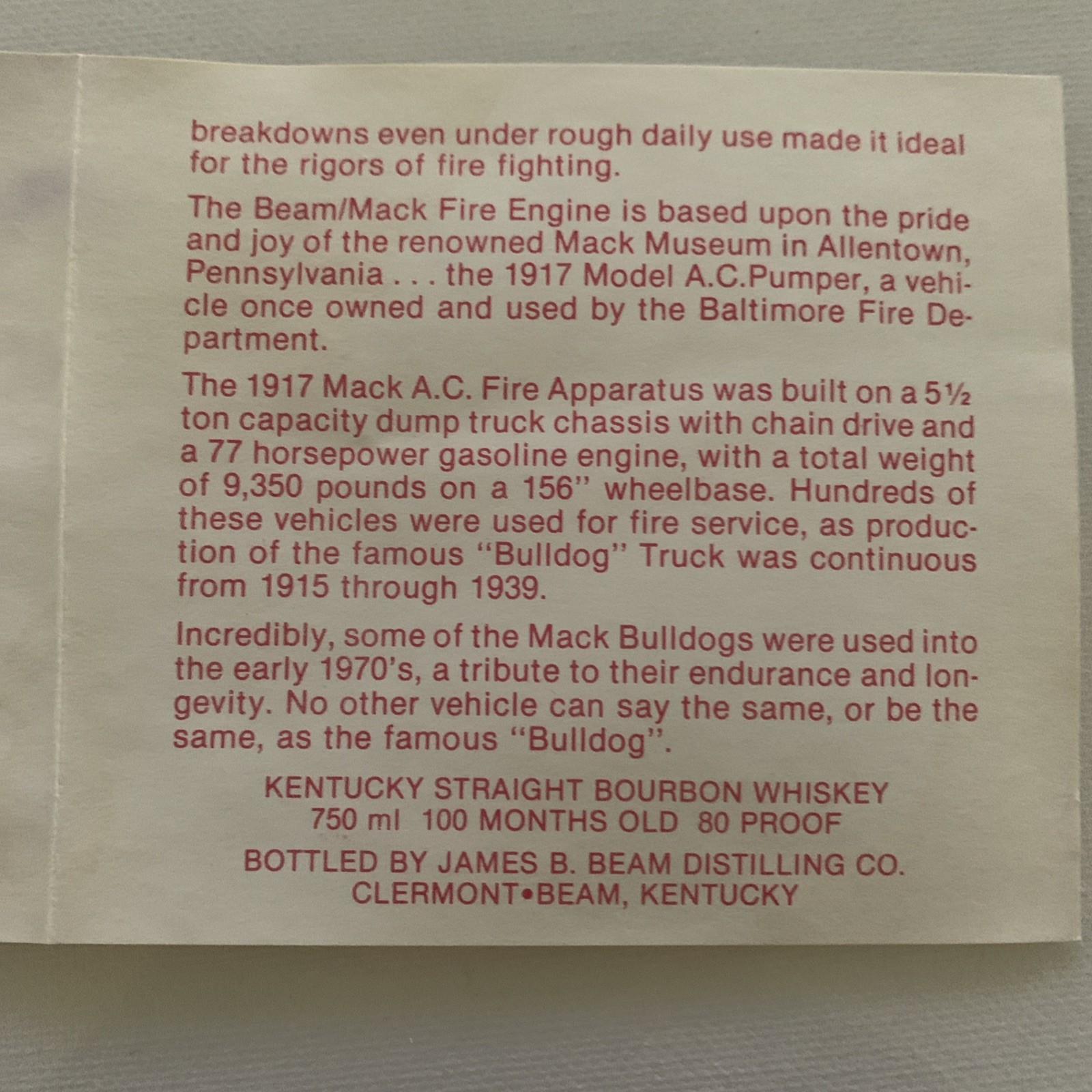 VTG Jim Beam 1917 Mack Fire Truck Decanter Pamphlet Collectible