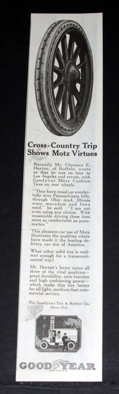 1917 OLD WWI MAGAZINE PRINT AD, GOODYEAR RUBBER, MOTZ CUSHION MOTOR CAR TIRES!