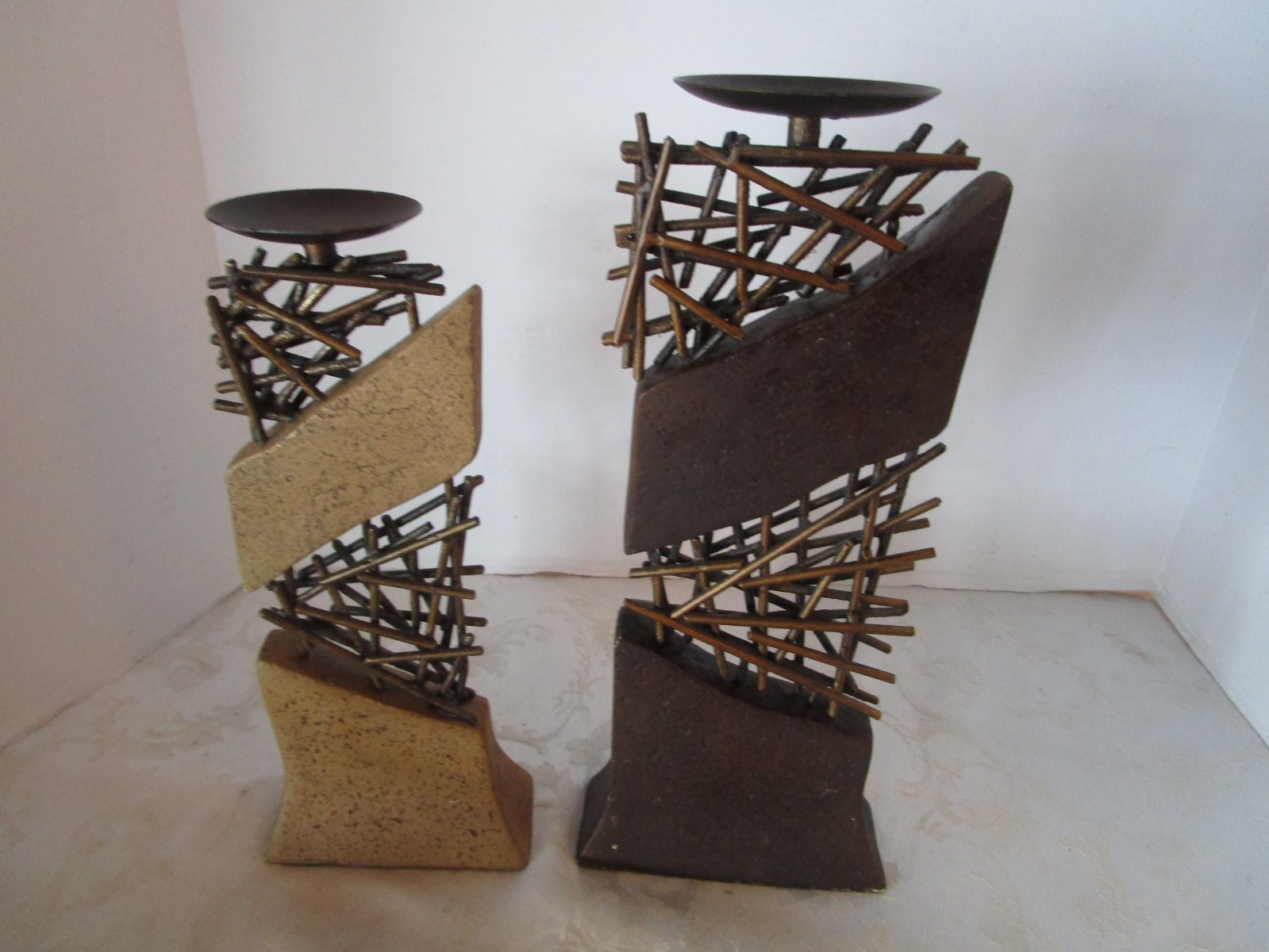 Vintage Metal sculpture bronzed Brutalist pair set 2 candlestick holder 1970’s