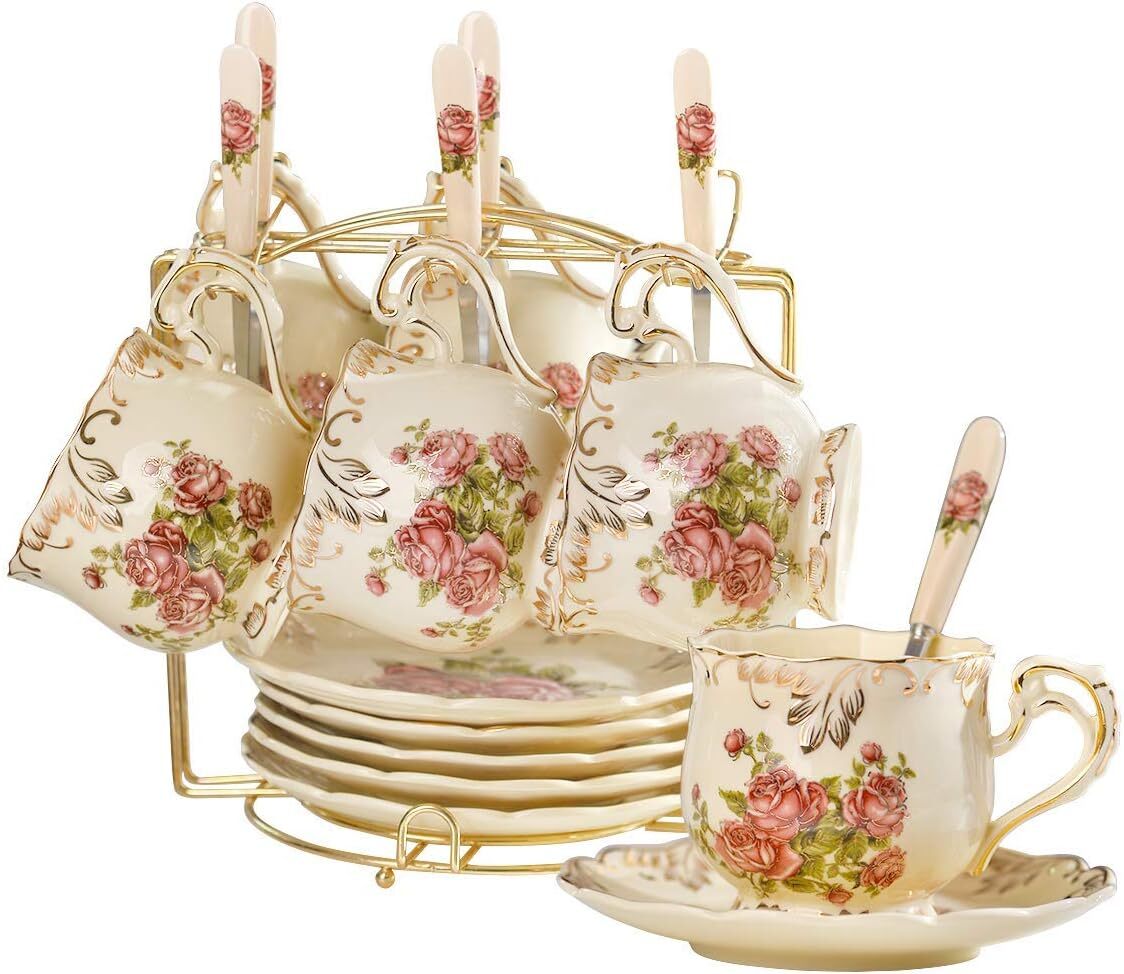 Pink Rose Tea Cups Saucers Set of 6, 8 oz Vintage Floral Porcelain Tea Cups Set