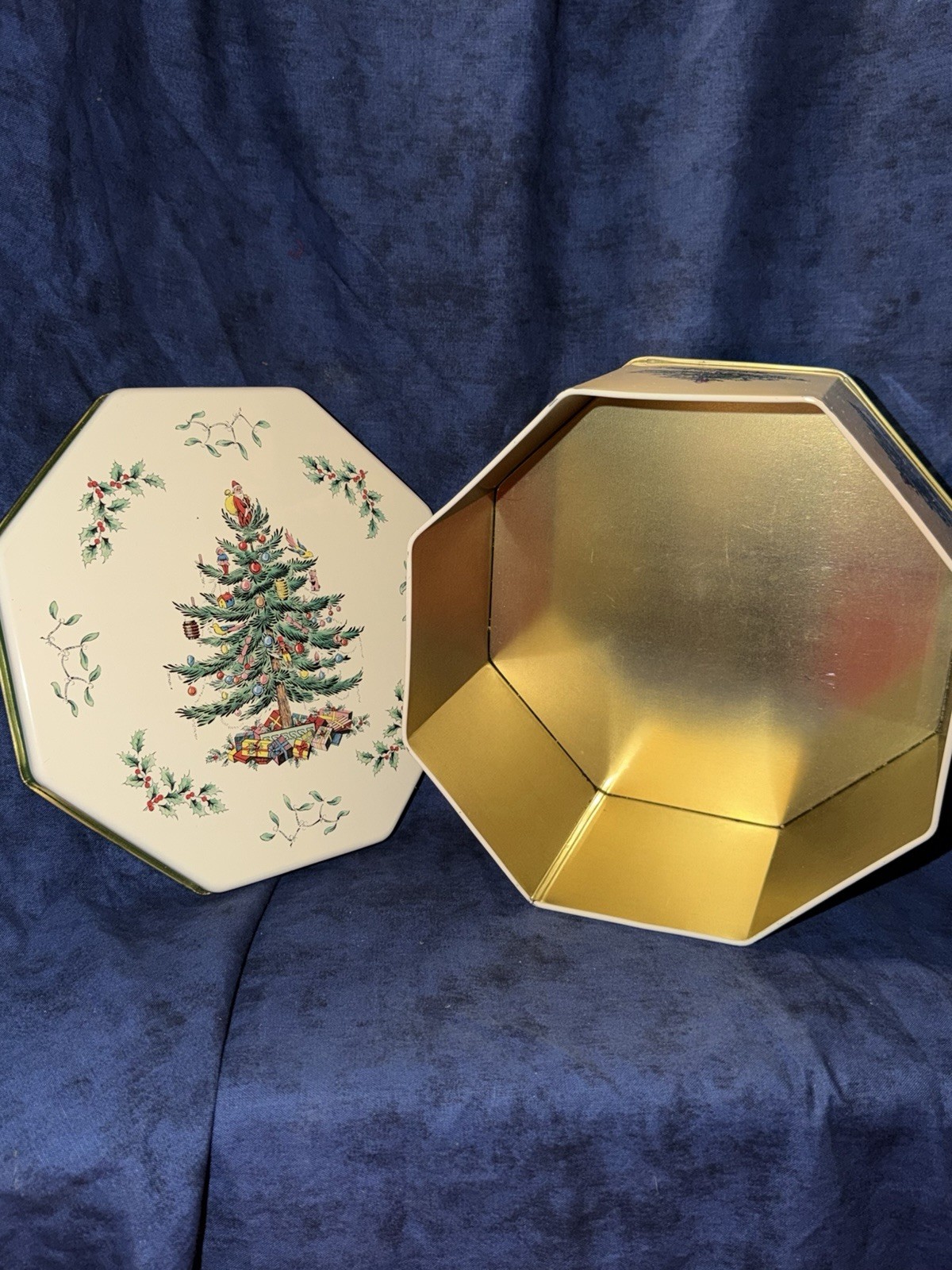Vintage-Spode-“Christmas Tree” Pattern- Octagon-Tin-Made in England