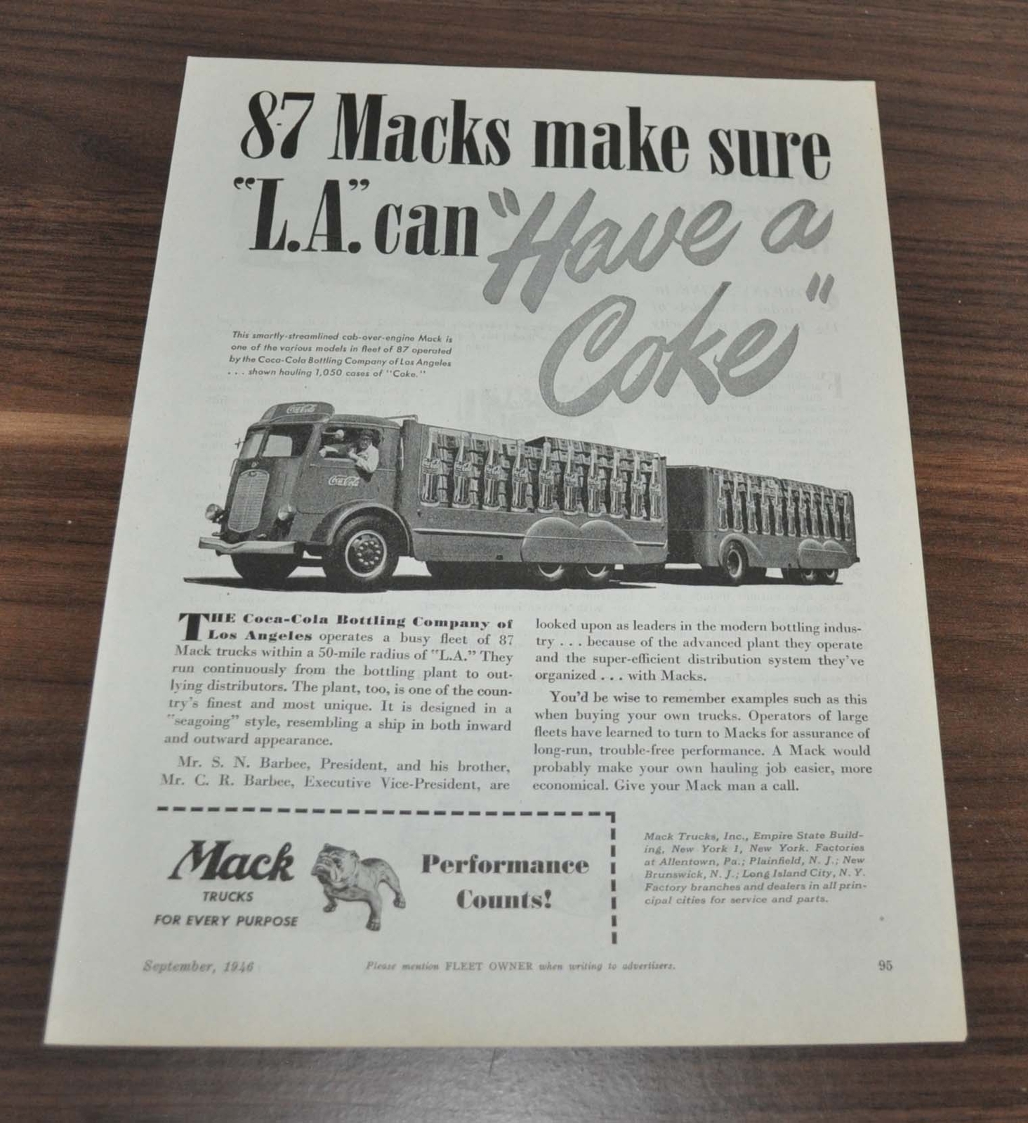 1946 Mack LMU Truck Ad Coca Cola Federal Kramer Bros. Freight Lines