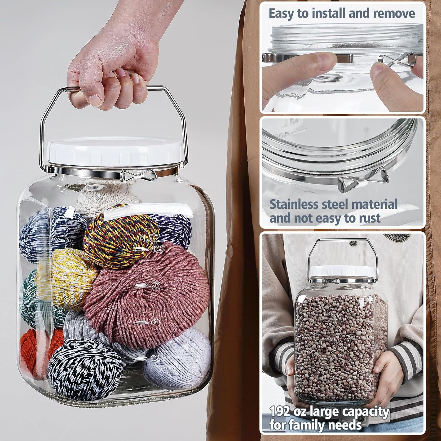 2 Pack 1.5 Gallon Glass Jar with Lid Wide Mouth, Large Mason Jar with Airtight S