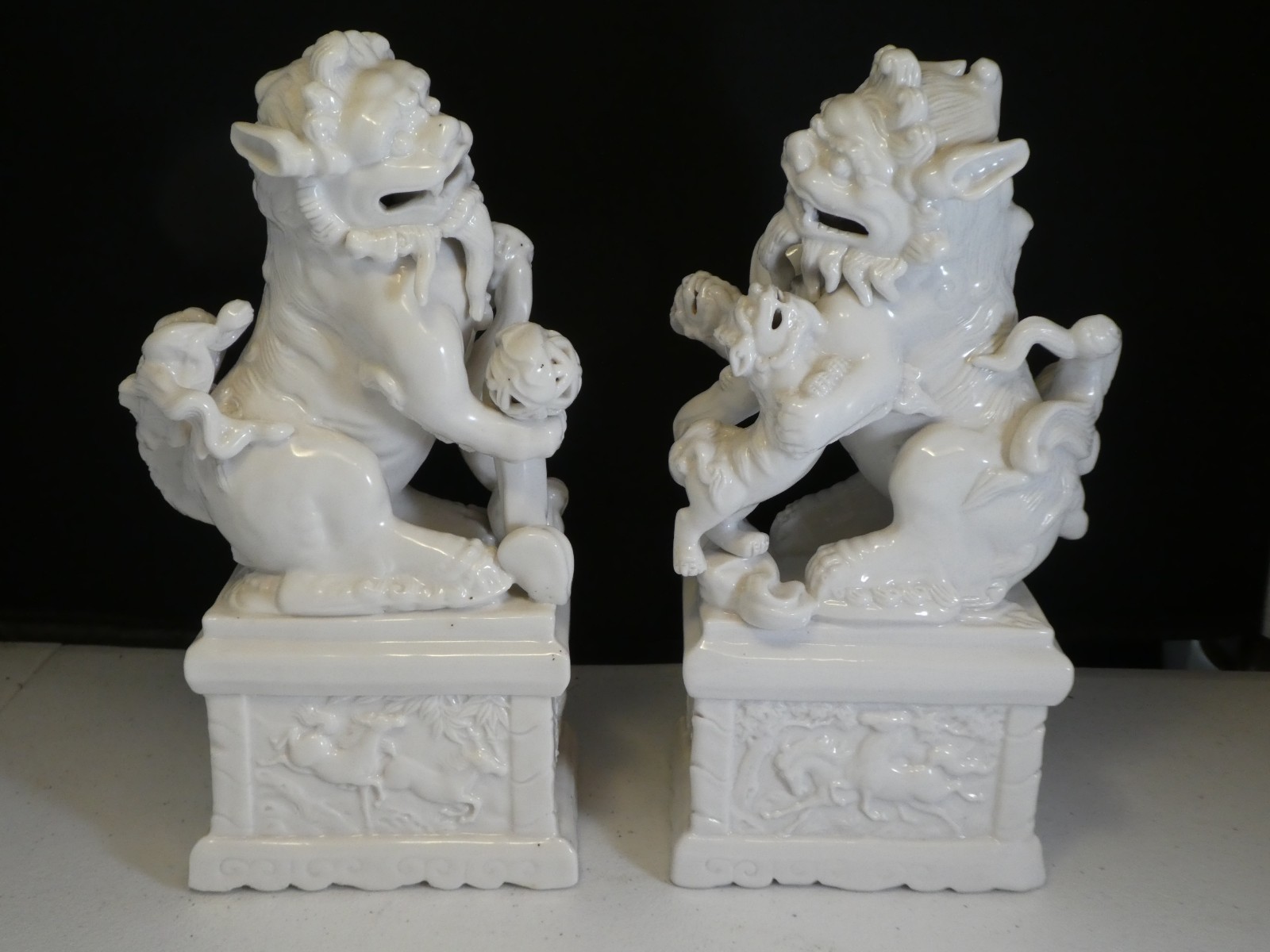 Antique Blanc De Chine Porcelain Temple Guardian Foo Dogs Figurine set 2