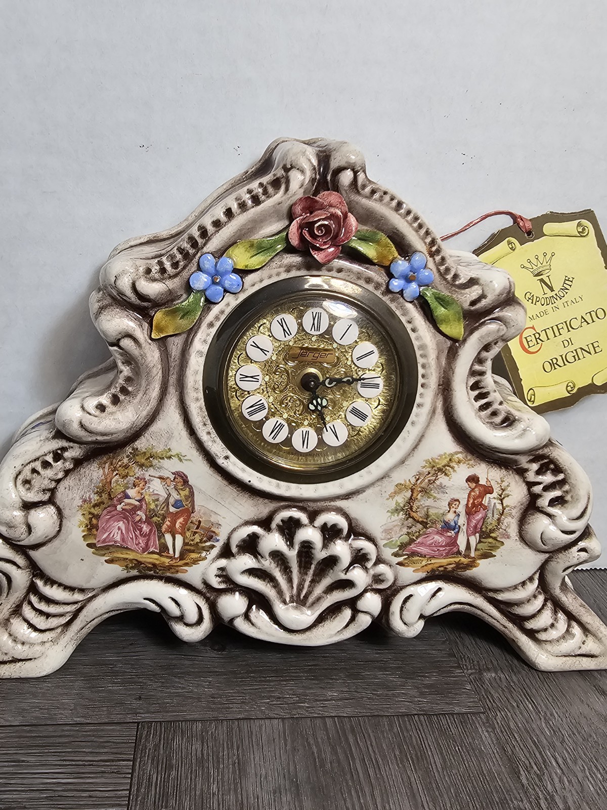 CAPODIMONTE PORCELAIN CLOCK ITALY W. GERMAN MECHANICAL MOVEMENT FLORAL PAINTED