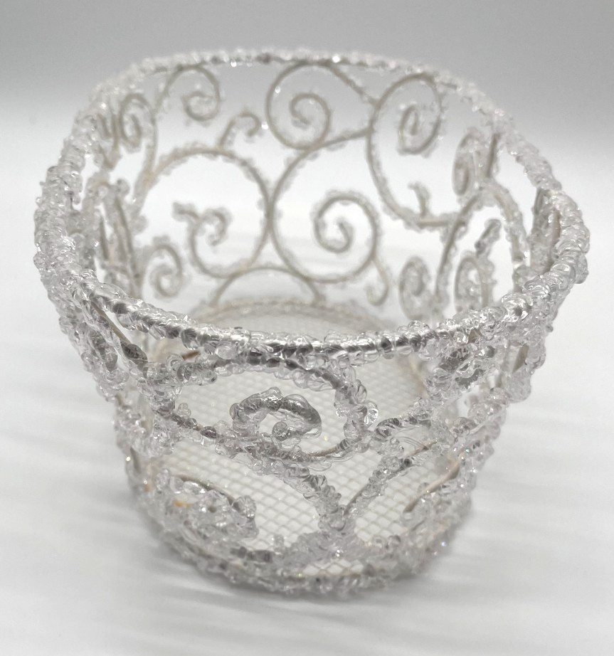 Charming Silvertone Metal Clear Beaded Basket White Clear Beads 11″ x 6″