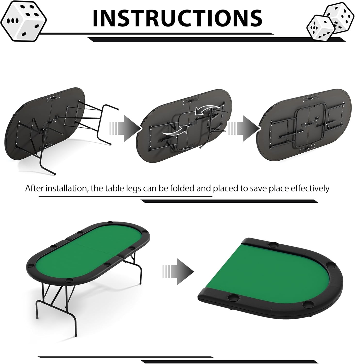 8 Player 71″ Oval Poker Table W/ Collapsible Legs Padded Rails Cup Holders Green