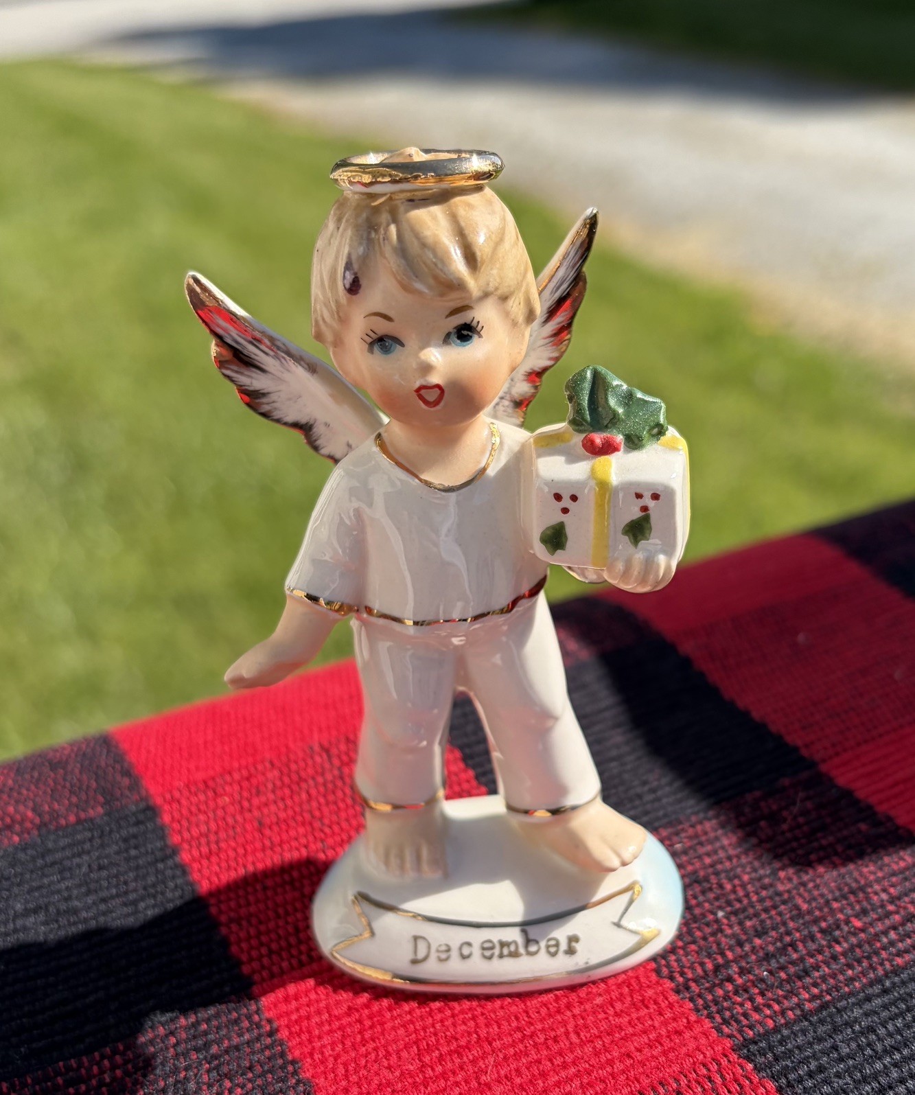 VTG Japan Enesco December Boy Angel Figurine 1950s Christmas Birthday gold gift