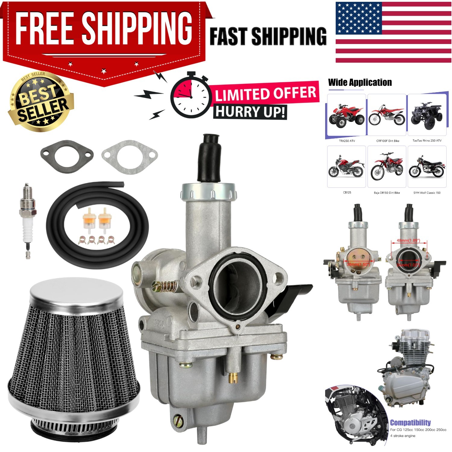 PZ26 Carburetor Carb Kit Replacement for CG 125cc 150cc 250cc XR100 CB125 Tao…